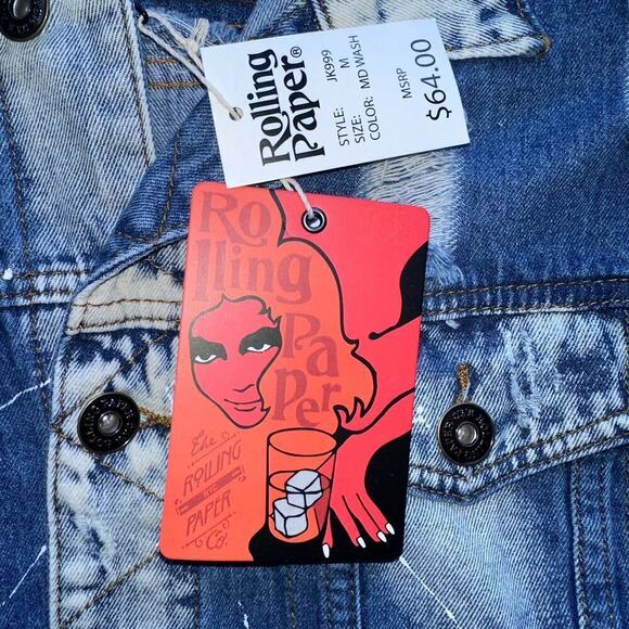 NWT Unisex Adult Medium Rolling Paper Distressed Denim Jean Trucker Jacket - Picture 3 of 8